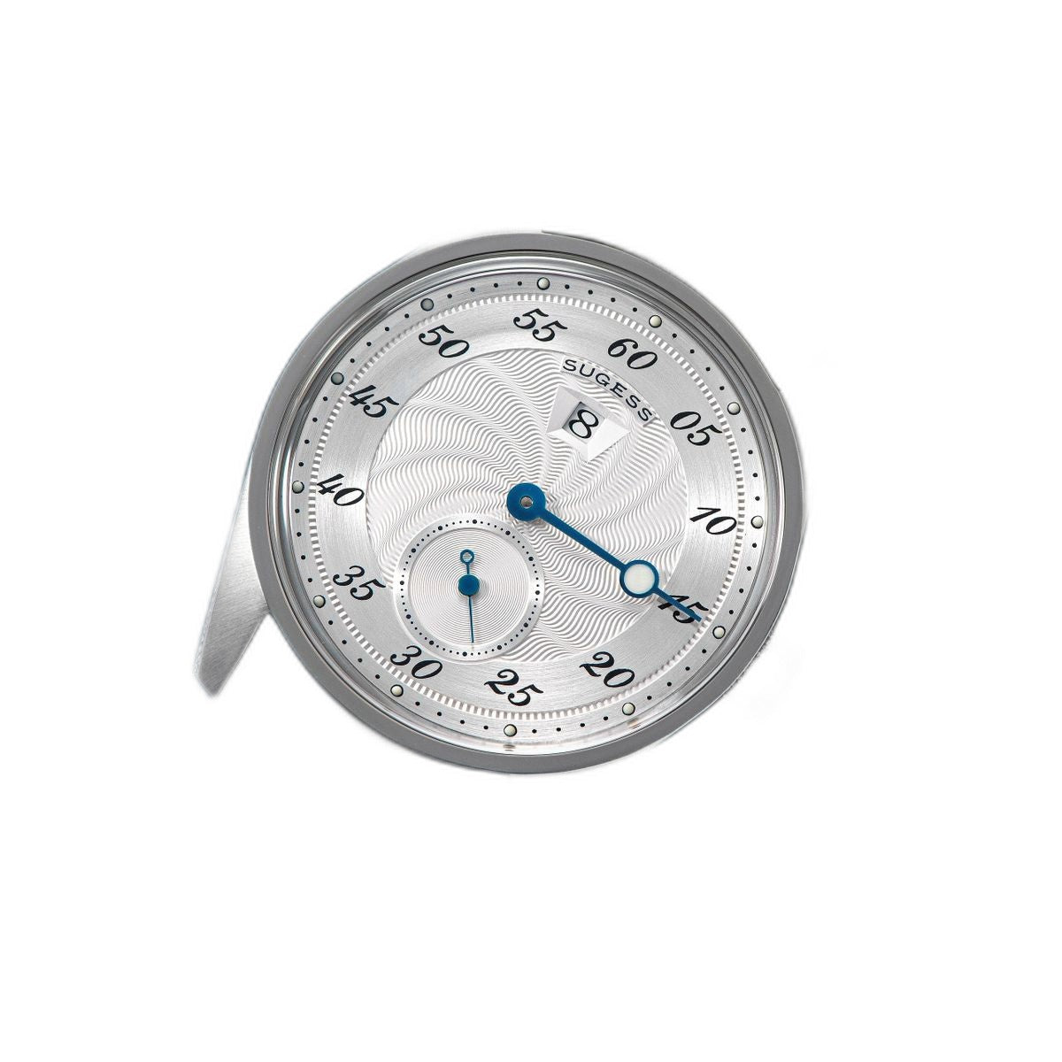 Sugess S451 silver guilloche regulator dress watch, grey suede strap, three-quarter angled view on navy