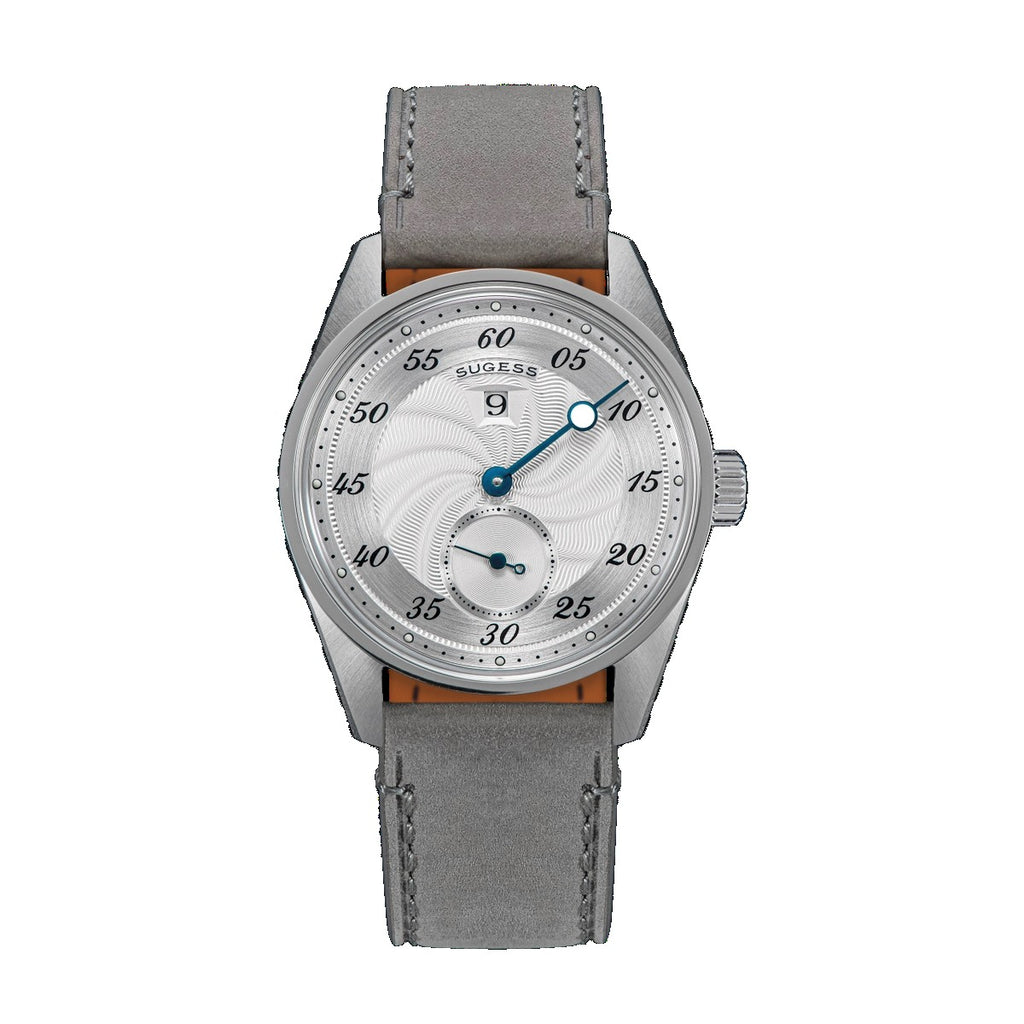 Sugess S451 ST1721 regulator dress watch 38mm, silver guilloche dial, blued hands, date, grey suede strap, front