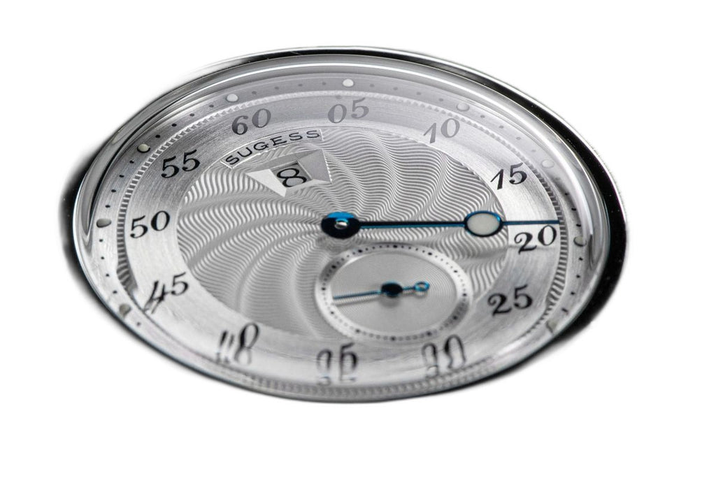 Sugess S451 silver guilloche dial macro, offset minute track, sub-seconds, blued hands and date, close-up