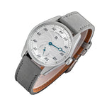 Sugess S451 silver guilloche regulator dress watch side profile, grey suede strap, on navy leather