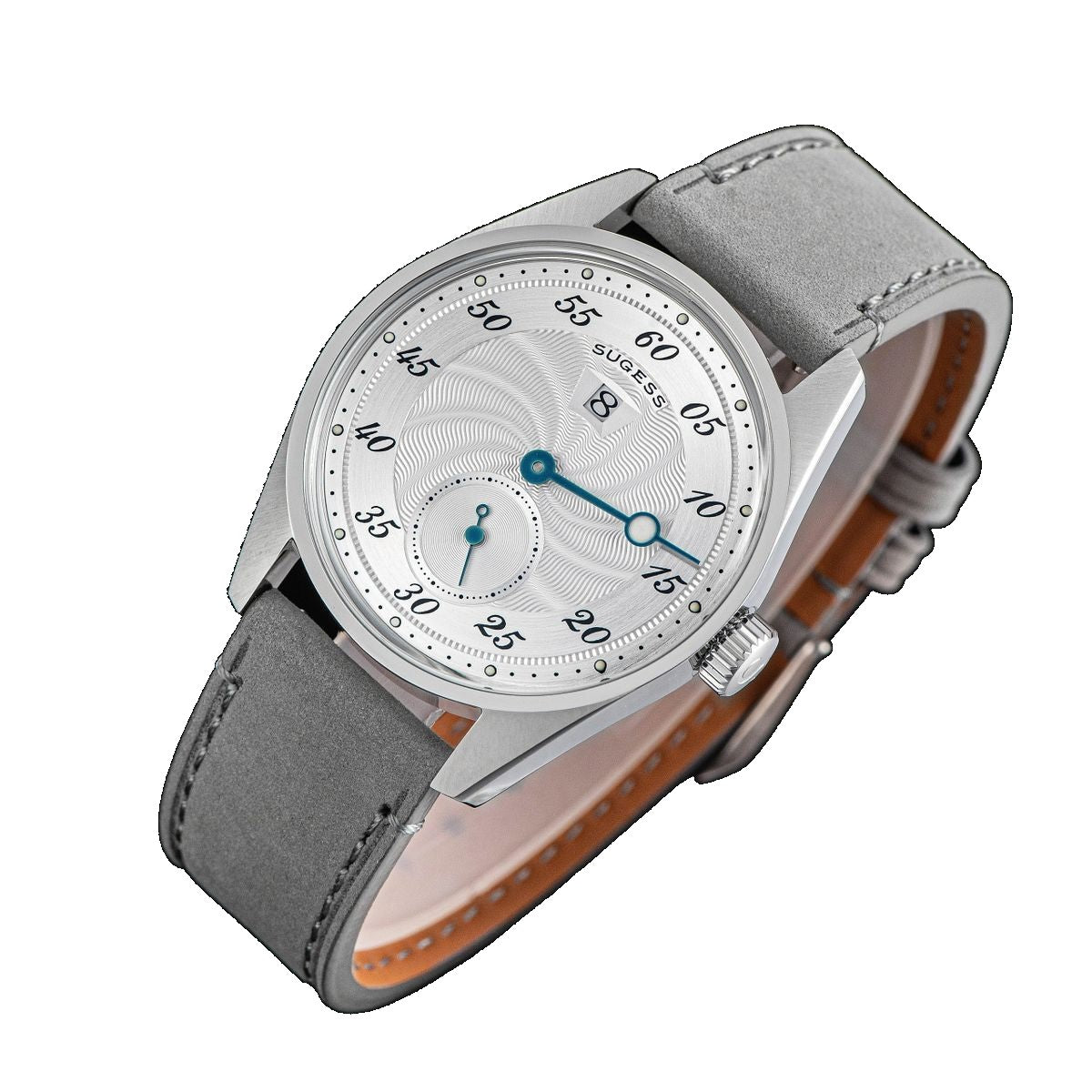 Sugess S451 silver guilloche regulator dress watch side profile, grey suede strap, on navy leather