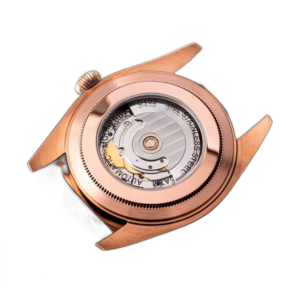 Sugess S452 rose gold watch exhibition caseback, automatic movement, engraved 316L stainless steel S452, brown strap