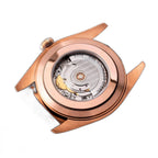 Sugess S452 rose gold watch exhibition caseback, automatic movement, engraved 316L stainless steel S452, brown strap