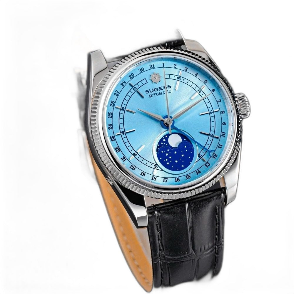 Sugess S452 steel watch exhibition caseback, automatic moonphase movement, engraved 316L stainless steel, black strap