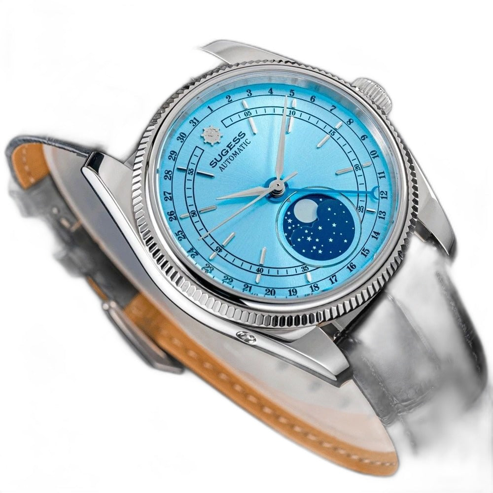 Sugess S452 steel moonphase watch, ice blue dial, black leather strap, three-quarter angled view on black