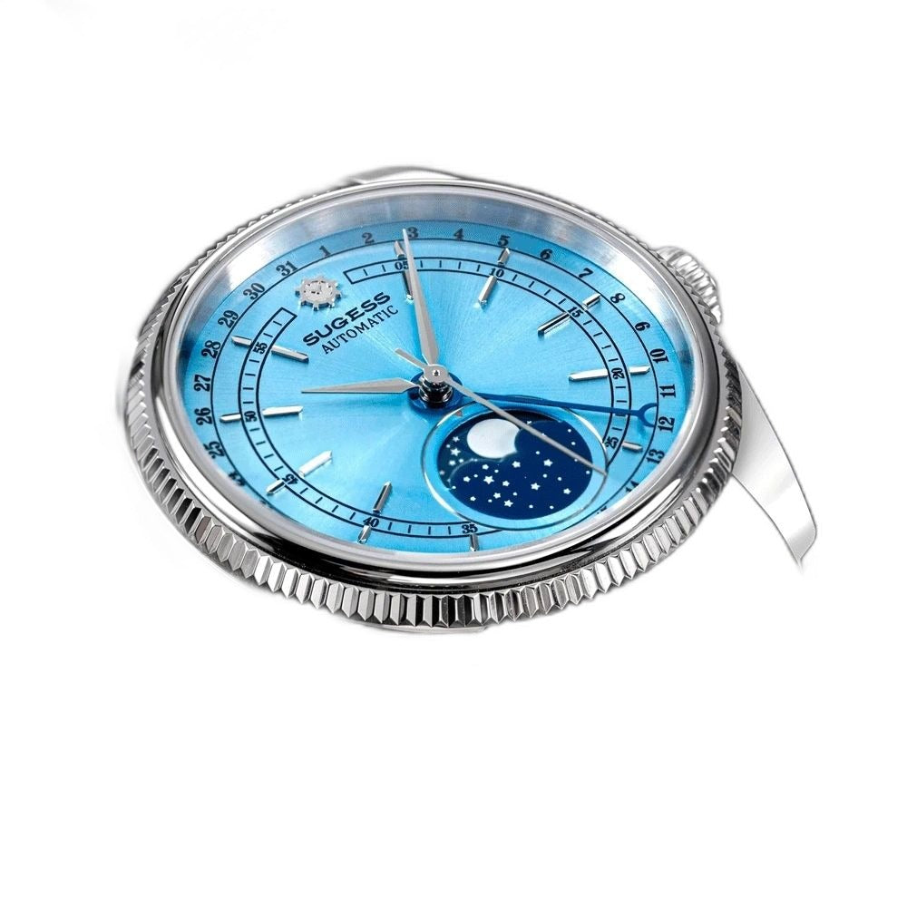 Sugess S452 steel moonphase watch, ice blue dial, black leather strap, dramatic angled view on black
