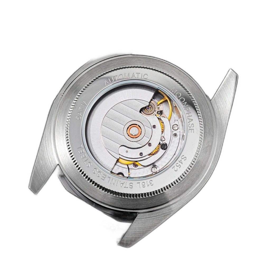 Sugess S452 steel moonphase watch, ice blue dial, black leather strap, three-quarter angled view on black