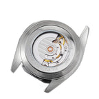 Sugess S452 steel moonphase watch, ice blue dial, black leather strap, three-quarter angled view on black