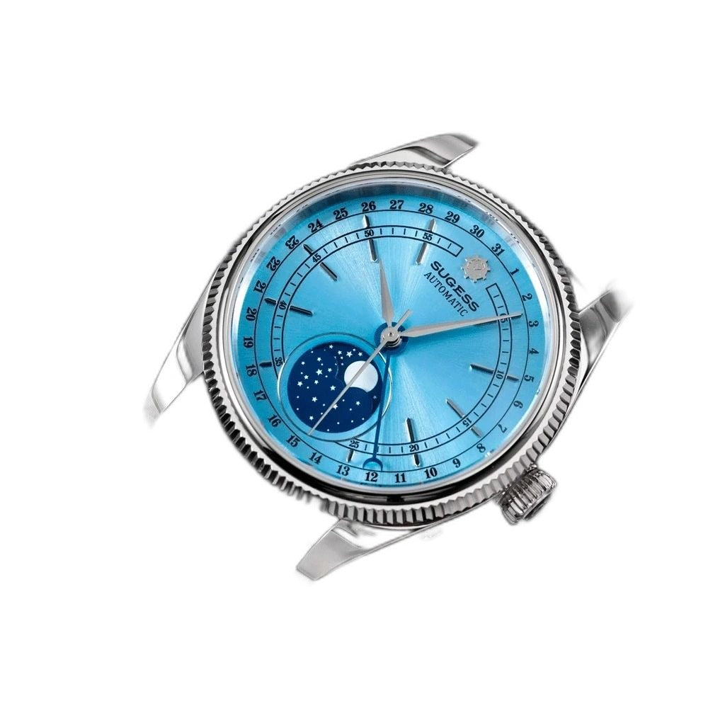 Sugess S452 steel moonphase watch, ice blue dial, black leather strap, front view on black