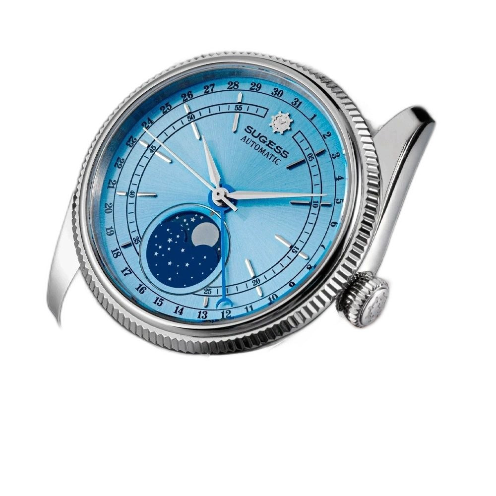 Sugess S452 steel moonphase watch, ice blue dial, black leather strap, front three-quarter view on black