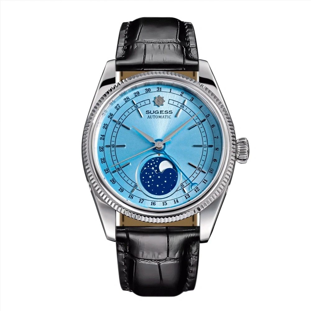 Sugess S452 automatic moonphase 40mm, steel case, ice blue dial, starry moon disc, black leather strap, front view