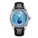 Sugess S452 automatic moonphase 40mm, steel case, ice blue dial, starry moon disc, black leather strap, front view