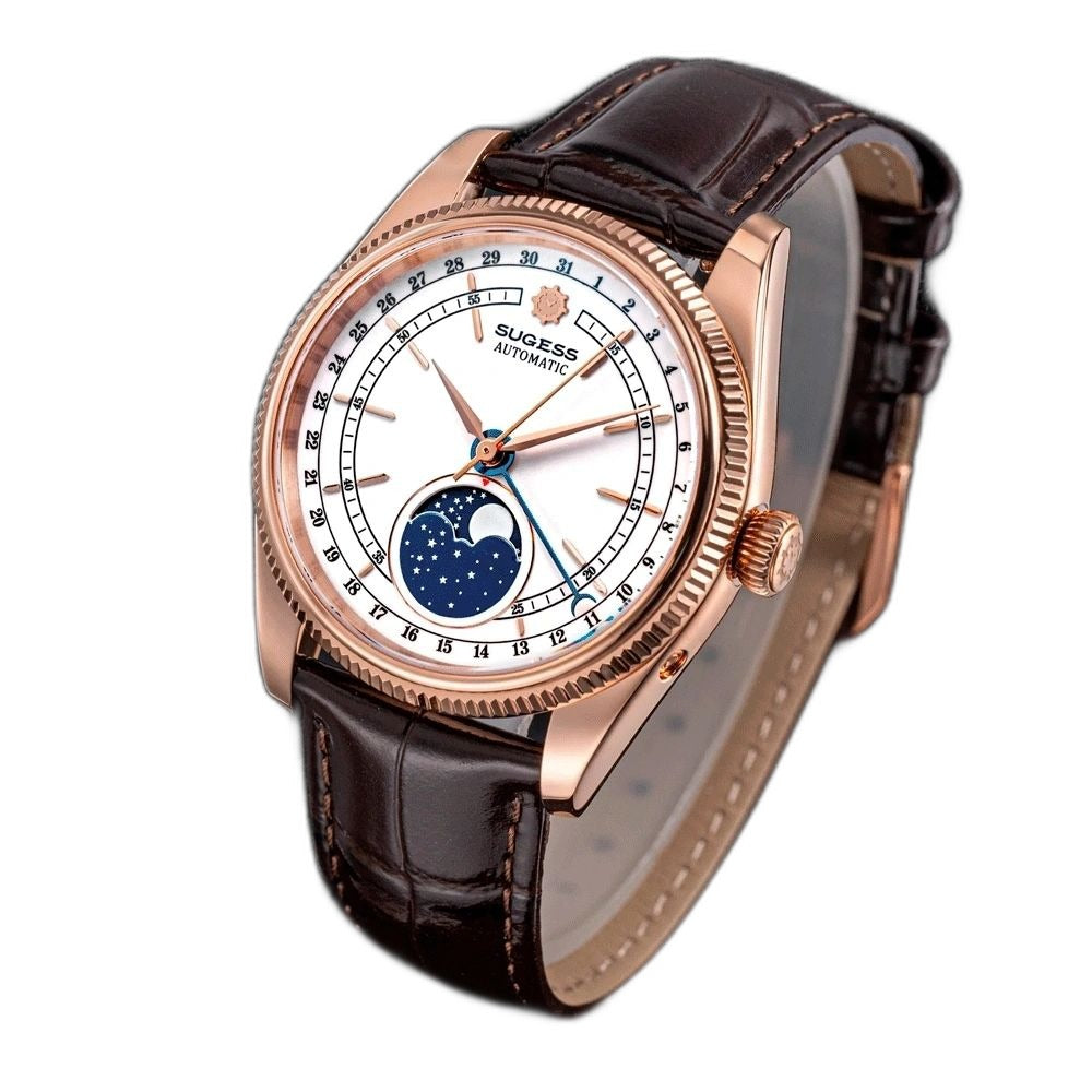 Sugess S452 rose gold moonphase watch, white dial, brown leather strap, angled product view on black