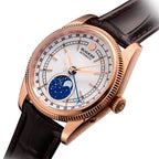 Sugess S452 rose gold moonphase watch, white dial, brown leather strap, three-quarter angled view on white