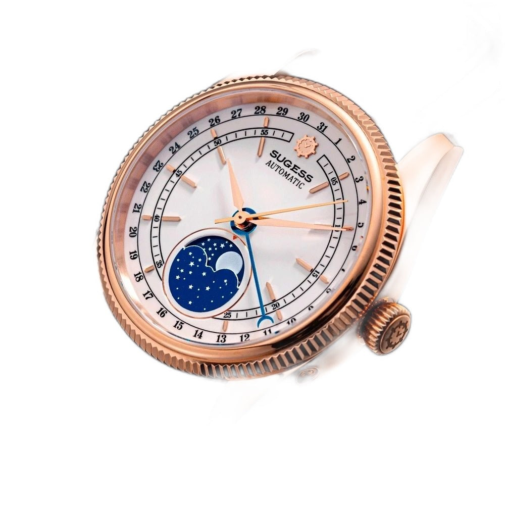 Sugess S452 rose gold moonphase watch, white dial, brown leather strap, three-quarter angled view on black