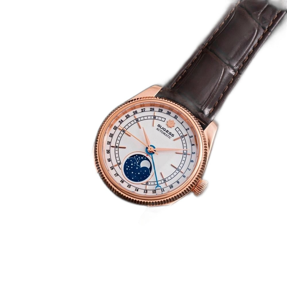 Sugess S452 rose gold moonphase watch, white dial, brown leather strap, top-down flat lay on black leather