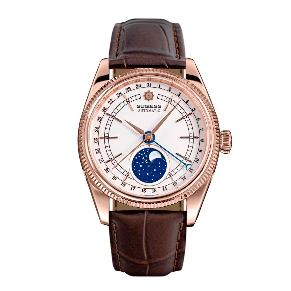 Sugess S452 automatic moonphase 40mm, rose gold case, white dial, blue starry moon disc, brown leather strap, front view