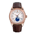 Sugess S452 automatic moonphase 40mm, rose gold case, white dial, blue starry moon disc, brown leather strap, front view