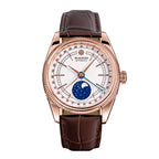 Sugess S452 automatic moonphase 40mm, rose gold case, white dial, blue starry moon disc, brown leather strap, front view