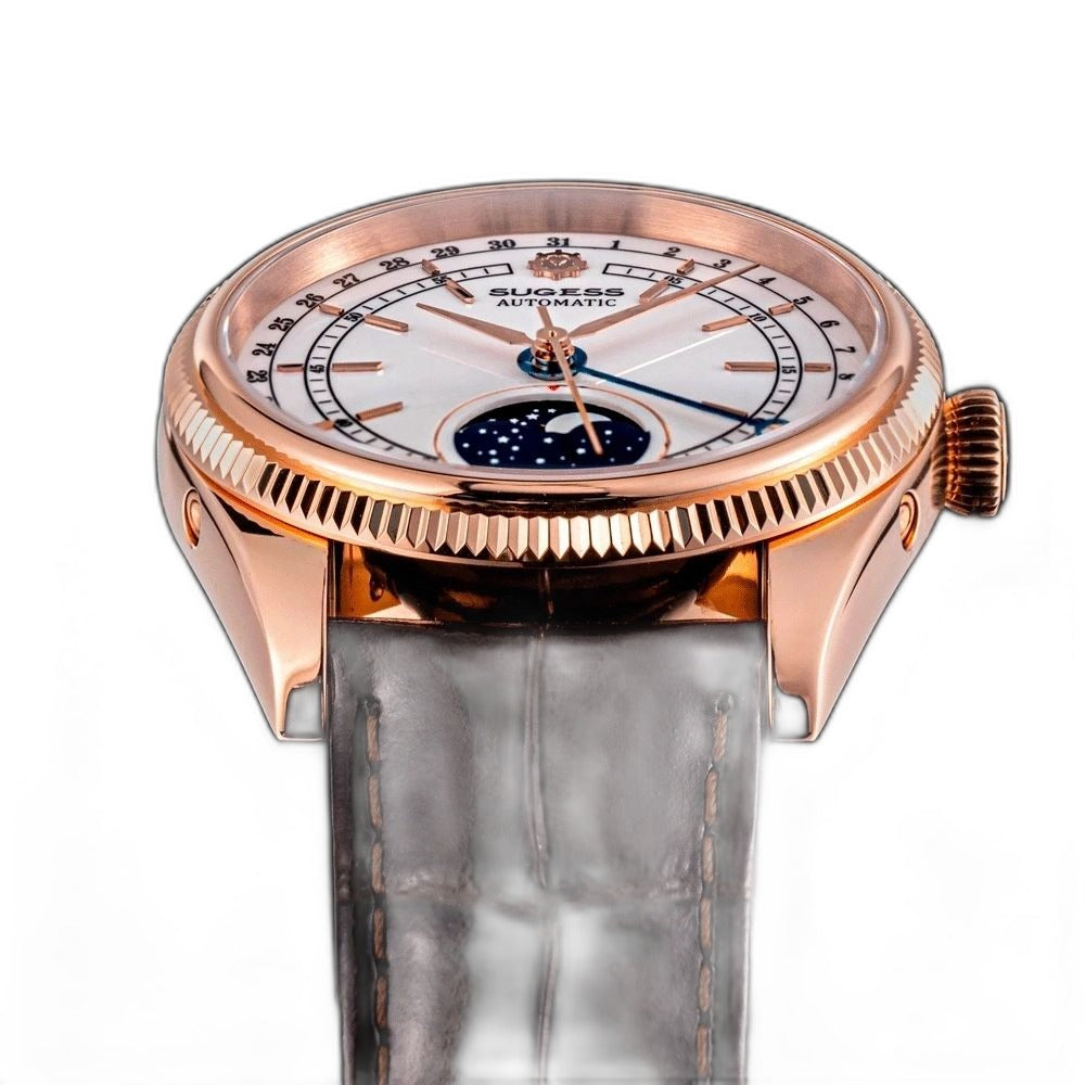 Sugess S452 rose gold moonphase watch side profile, fluted bezel, S-engraved crown, brown leather strap, on black