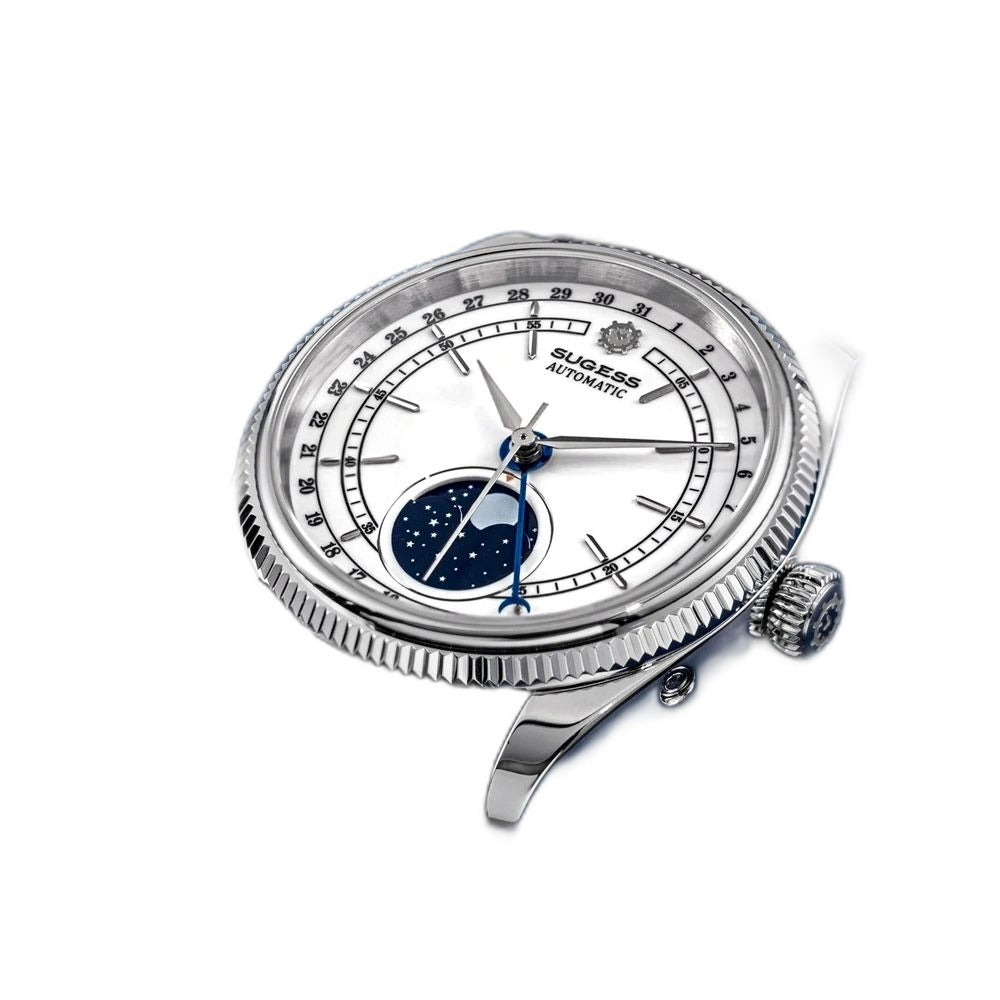 Sugess S452 steel moonphase watch, white dial, black leather strap, angled view resting on a blue surface