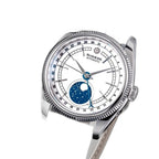 Sugess S452 steel moonphase watch, white dial, black leather strap, dramatic angled view on black