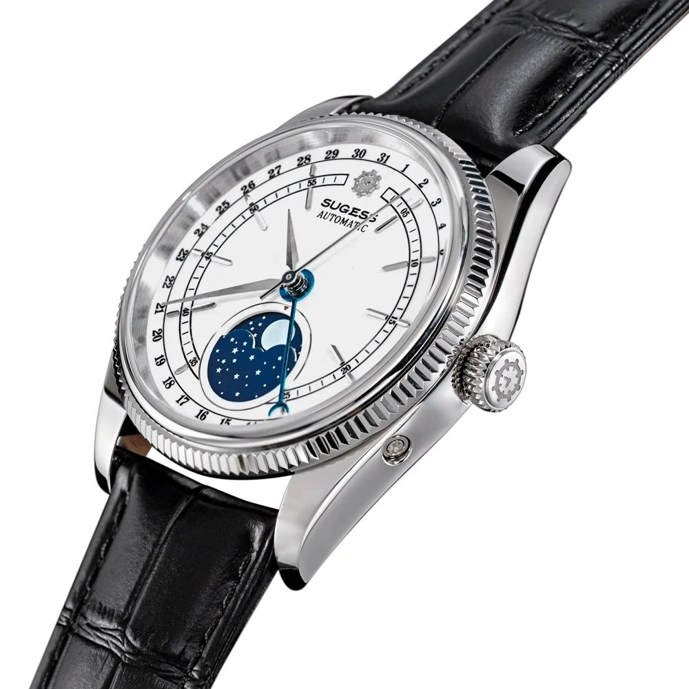 Sugess S452 steel moonphase watch, white dial, black leather strap, three-quarter angled view on white