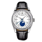 Sugess S452 steel moonphase watch, white dial, black leather strap, top-down flat lay on black