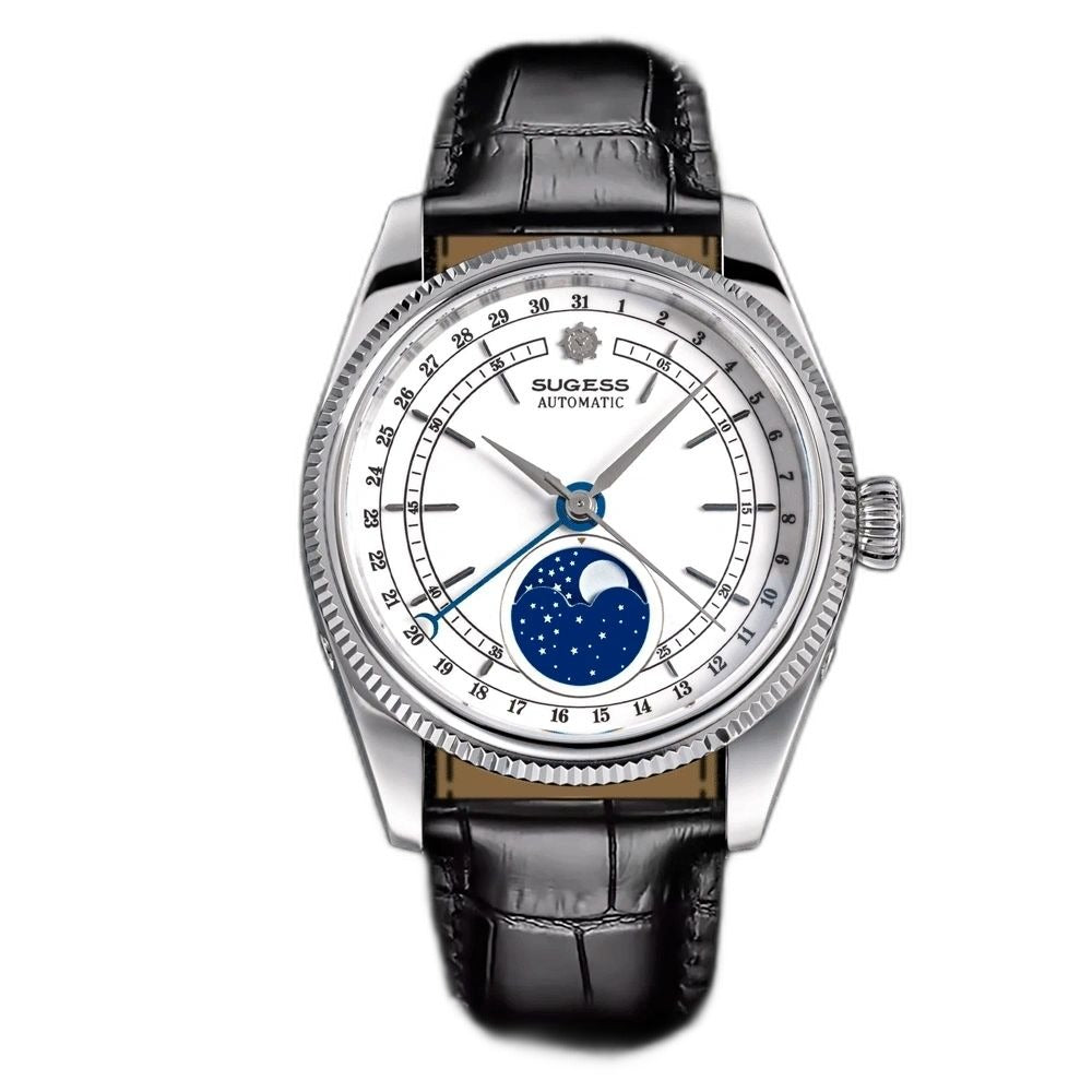 Sugess S452 steel moonphase watch, white dial, black leather strap, top-down flat lay on black