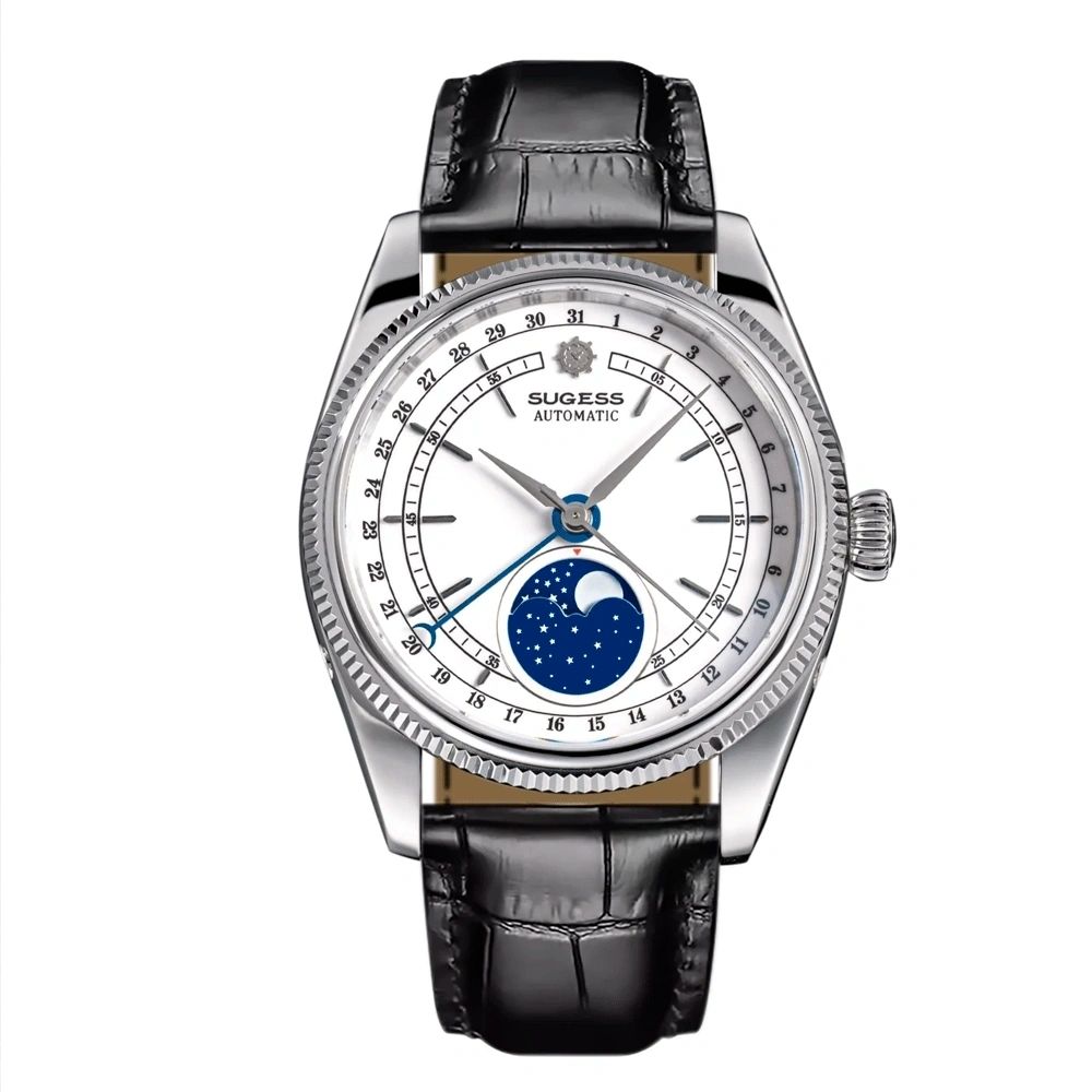 Sugess S452 automatic moonphase 40mm, steel case, white dial, blue starry moon disc, black leather strap, front view