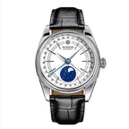 Sugess S452 automatic moonphase 40mm, steel case, white dial, blue starry moon disc, black leather strap, front view