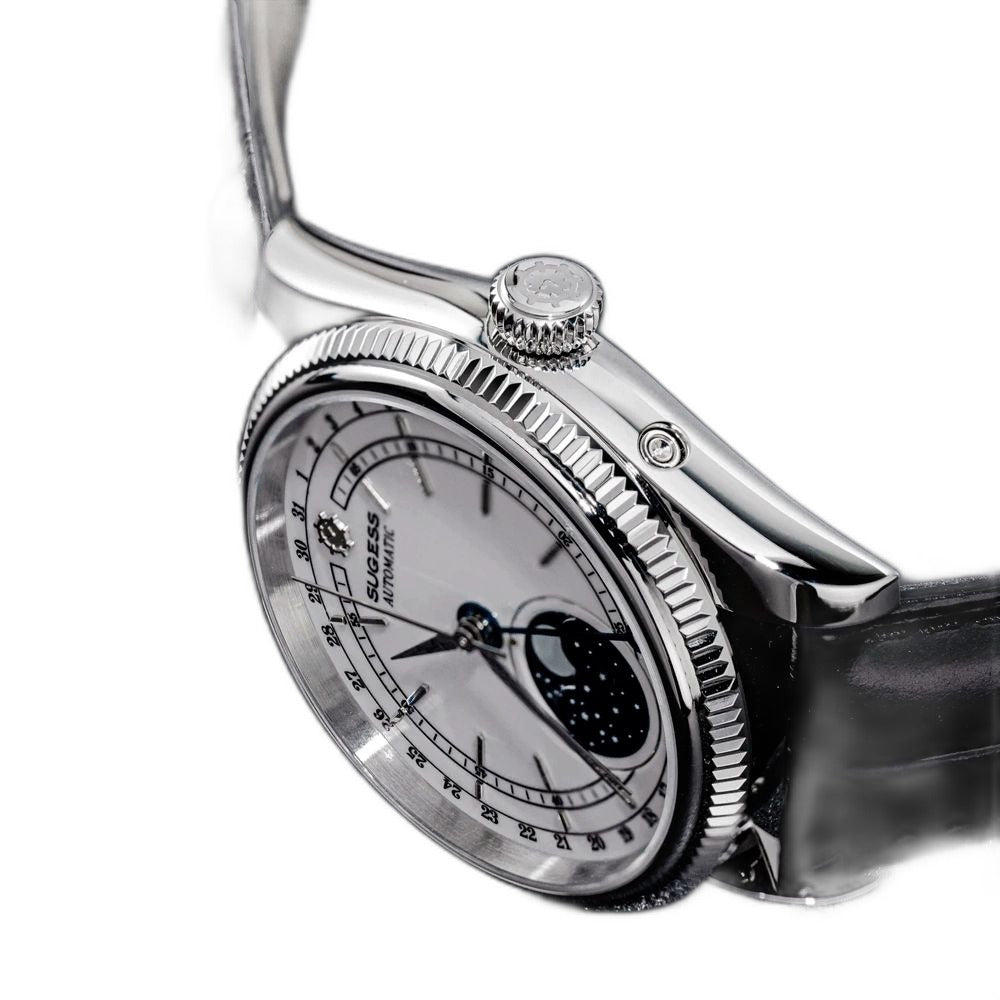 Sugess S452 steel moonphase watch side profile close-up, fluted bezel and crown, white dial, black strap, on black