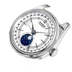 Sugess S452 steel moonphase watch upright on a bronze stand, white dial, black leather strap, blue backdrop
