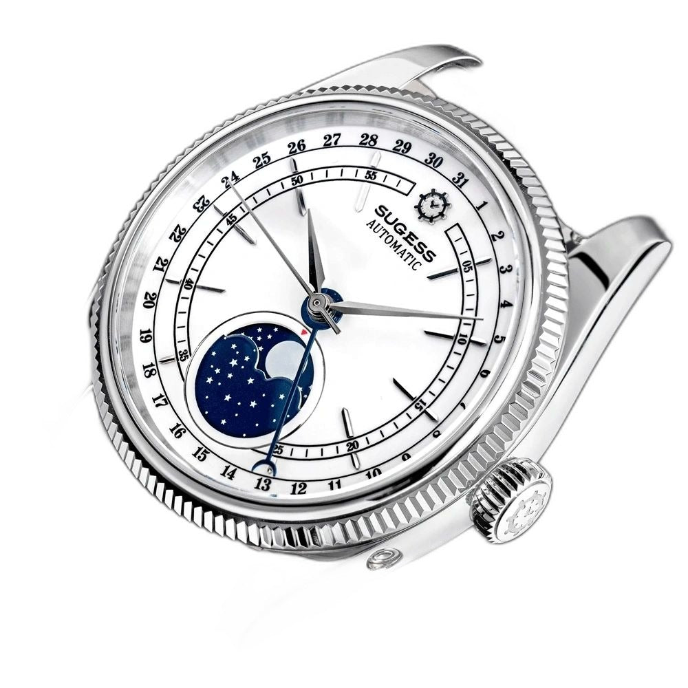 Sugess S452 steel moonphase watch upright on a bronze stand, white dial, black leather strap, blue backdrop
