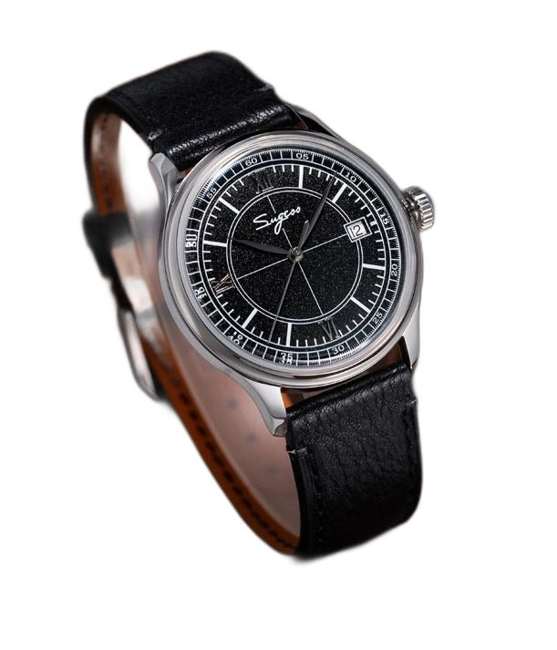 Sugess S455 Art Master black frosted dial dress watch, black leather strap, three-quarter view on dark wood