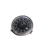 Sugess S455 Art Master black frosted dial dress watch, black leather strap, low angle on dark wood