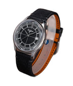 Sugess S455 Art Master black frosted dial dress watch, black leather strap, dramatic angled view on wood