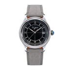Sugess S455 Art Master black frosted dial dress watch, black leather strap, angled view on dark wood