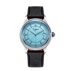 Sugess S455 Art Master automatic dress watch, ice blue frosted dial, black leather strap, front view