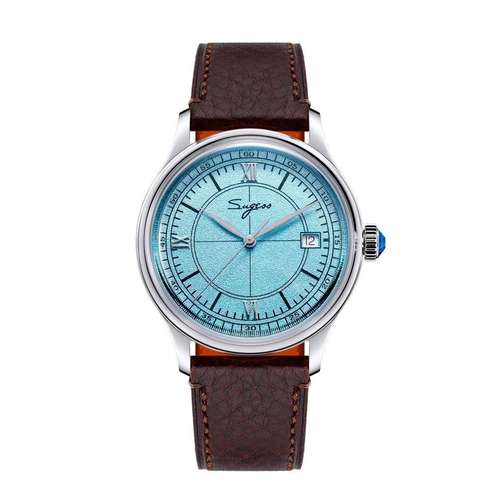 Sugess S455 Art Master automatic dress watch, ice blue frosted dial, brown leather strap, front view