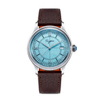 Sugess S455 Art Master automatic dress watch, ice blue frosted dial, brown leather strap, front view