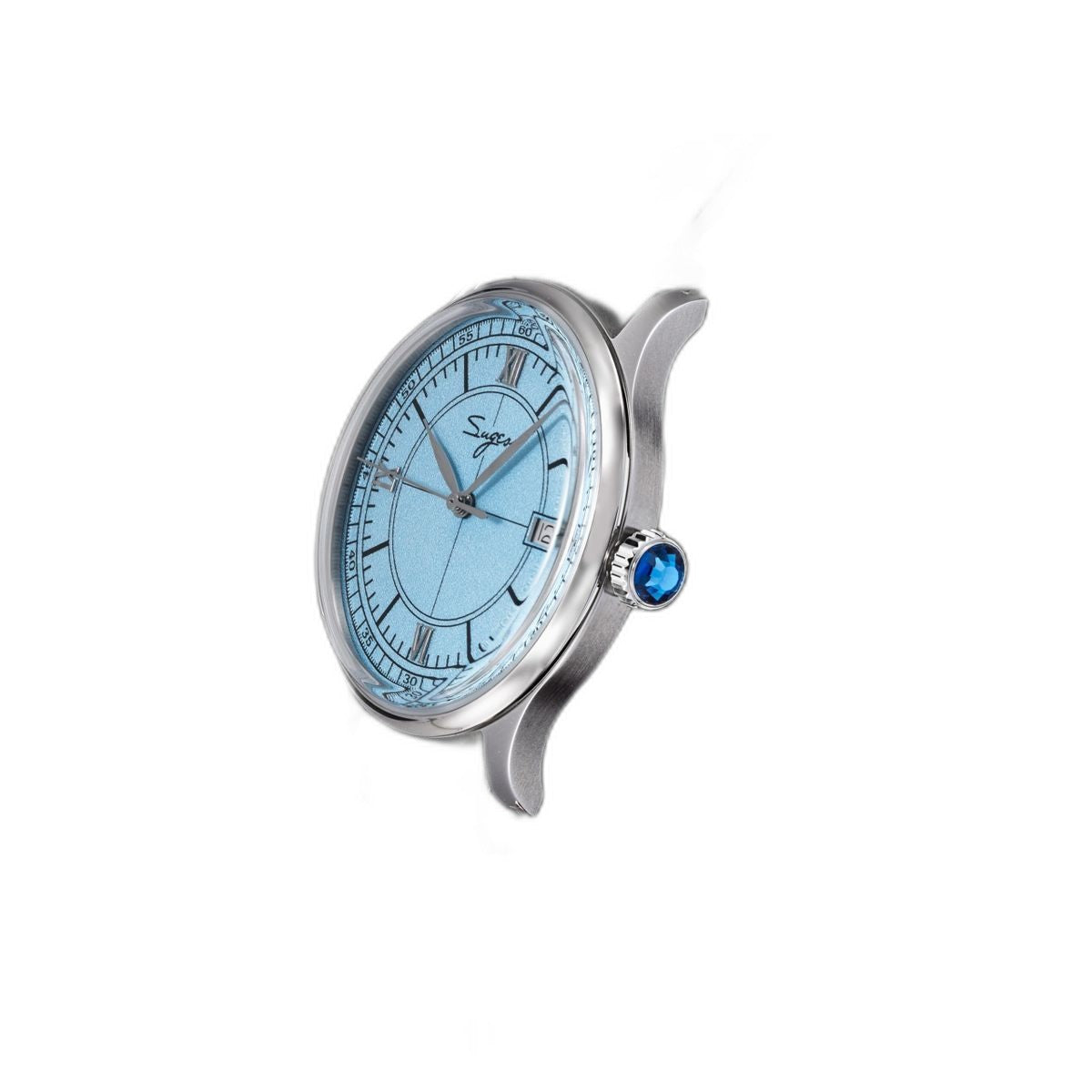 Sugess S455 Art Master ice blue frosted dial dress watch, grey suede strap, three-quarter angled view on black
