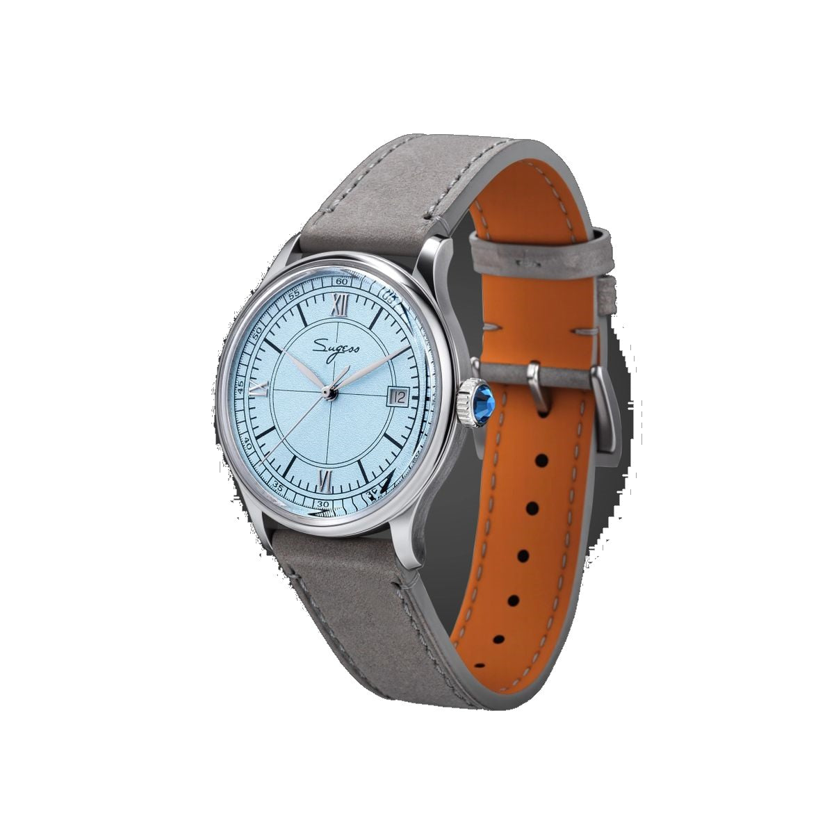 Sugess S455 Art Master ice blue frosted dial dress watch, grey suede strap, angled view on dark wood