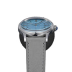 Sugess S455 Art Master ice blue frosted dial dress watch, grey suede strap, low side angle on black