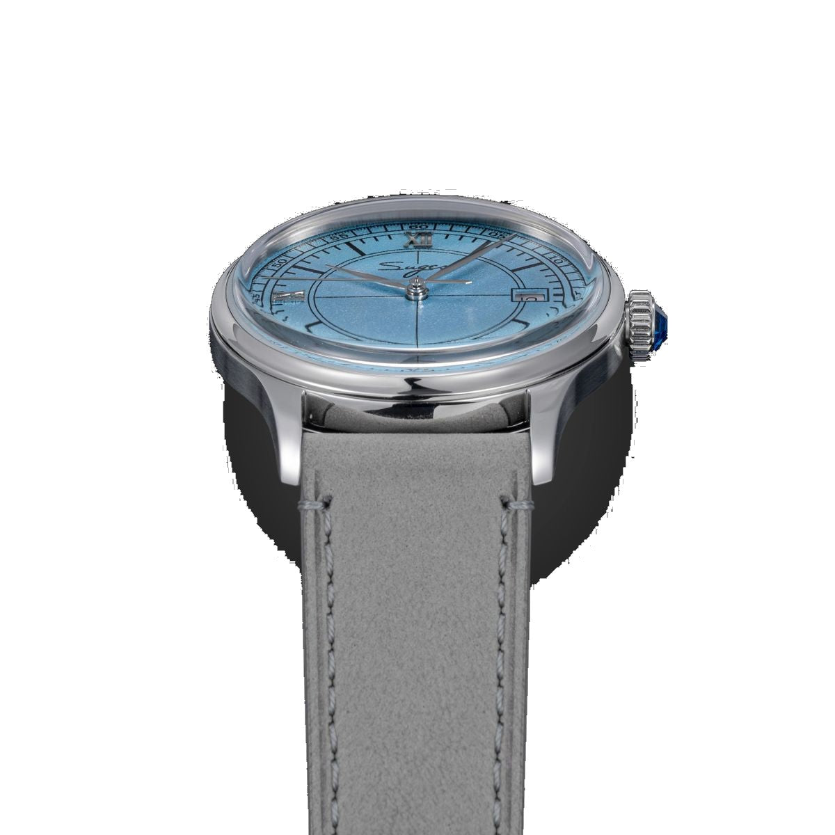 Sugess S455 Art Master ice blue frosted dial dress watch, grey suede strap, low side angle on black
