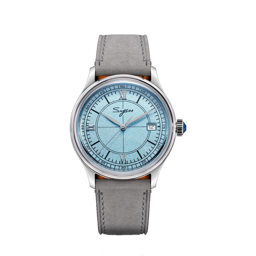 Sugess S455 Art Master automatic dress watch, ice blue frosted dial, grey suede strap, front view