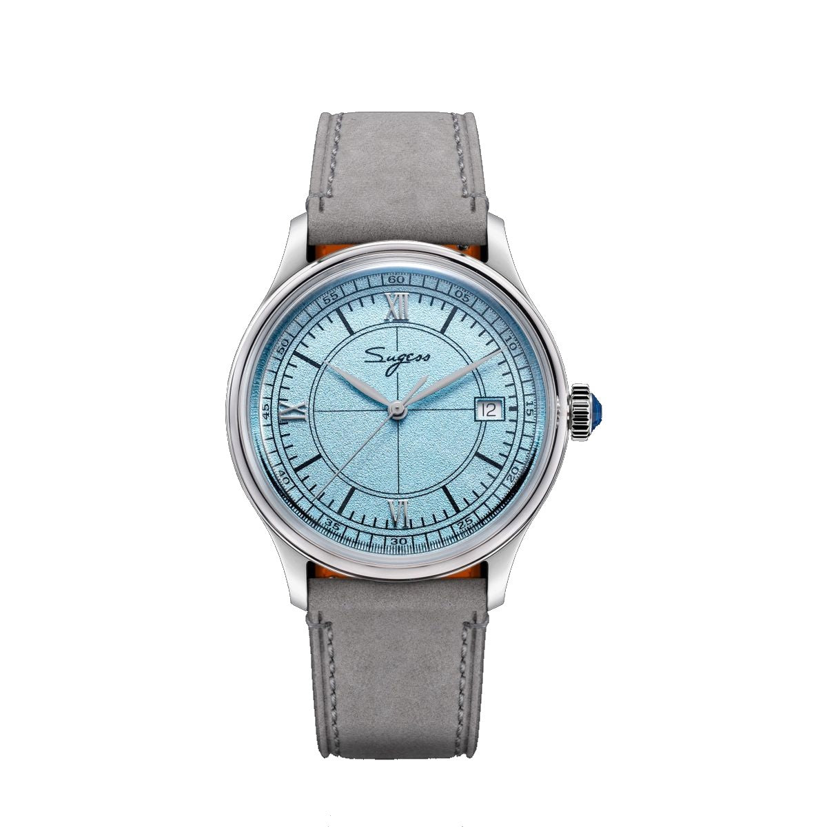 Sugess S455 Art Master automatic dress watch, ice blue frosted dial, grey suede strap, front view