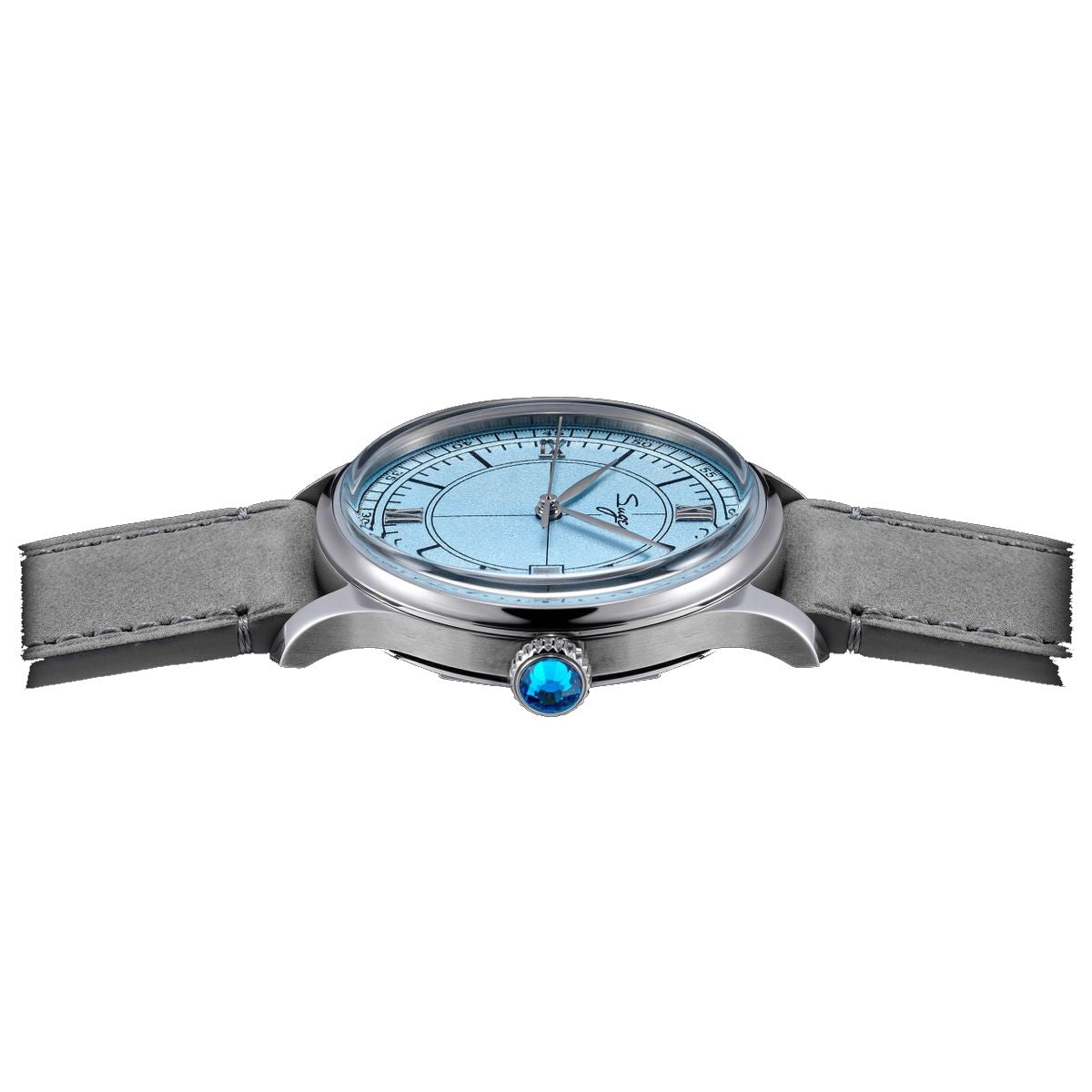 Sugess S455 Art Master ice blue dial dress watch side profile, blue gem crown, grey suede strap, on black