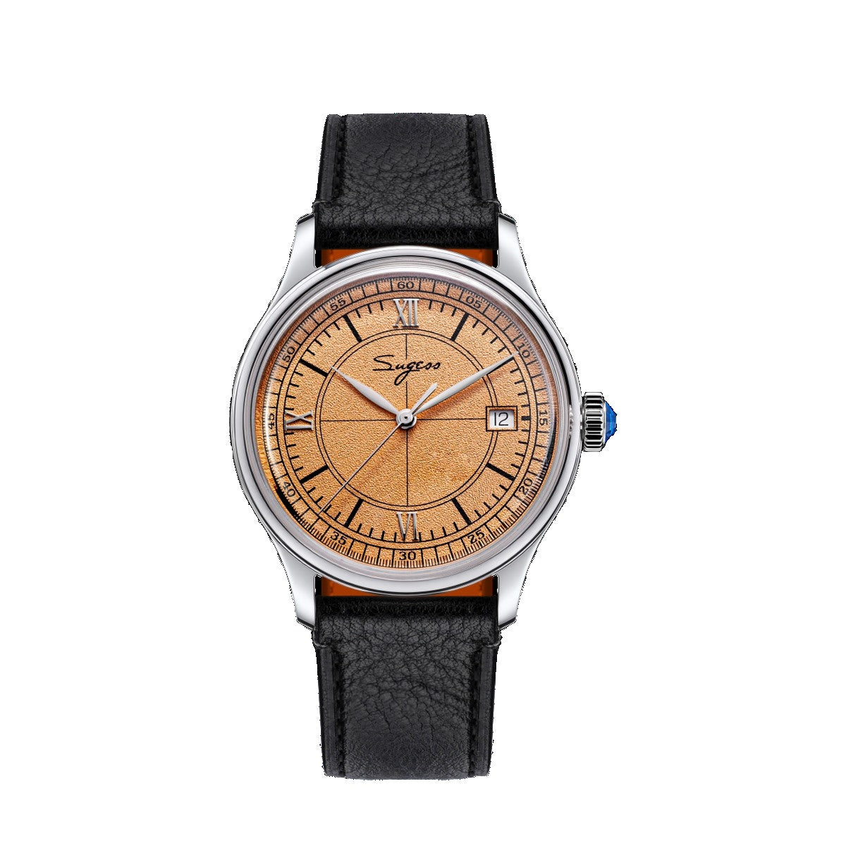 Sugess S455 Art Master automatic dress watch, salmon frosted dial, black leather strap, front view