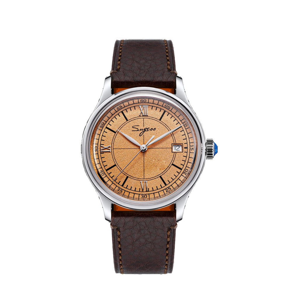 Sugess S455 Art Master automatic dress watch, salmon frosted dial, brown leather strap, front view